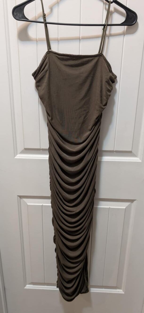 Women's Revamped Olive Green Mesh Bodycon Ruched Maxi Slimming Dress Size 2